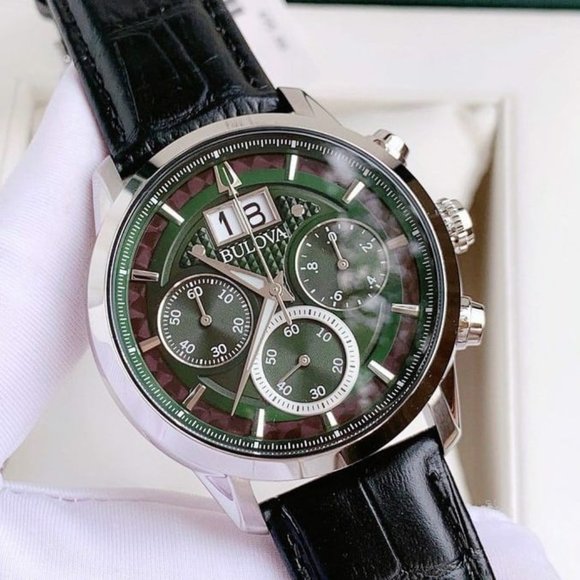 Bulova Green Chronograph 44mm Men's Luxury Watch! NEW - Picture 1 of 4